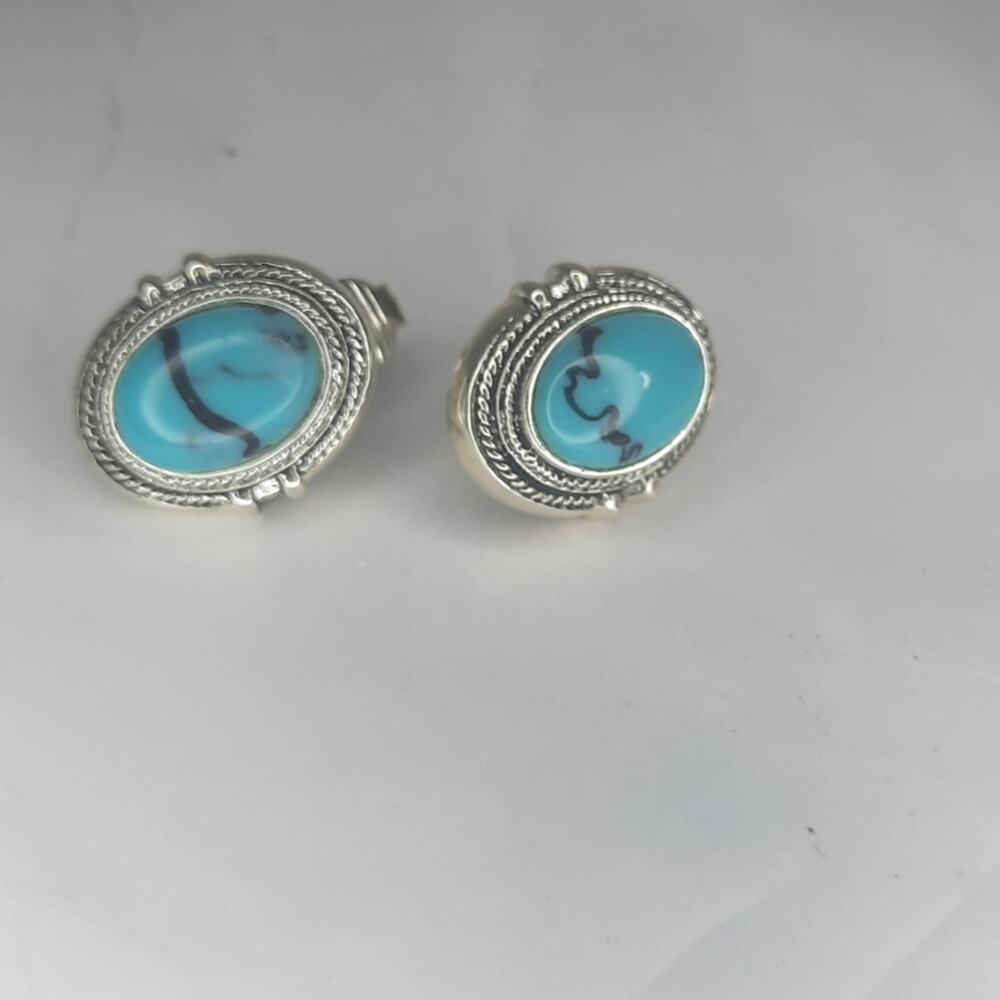Silver & Faux Turquoise Oval Clip Earrings